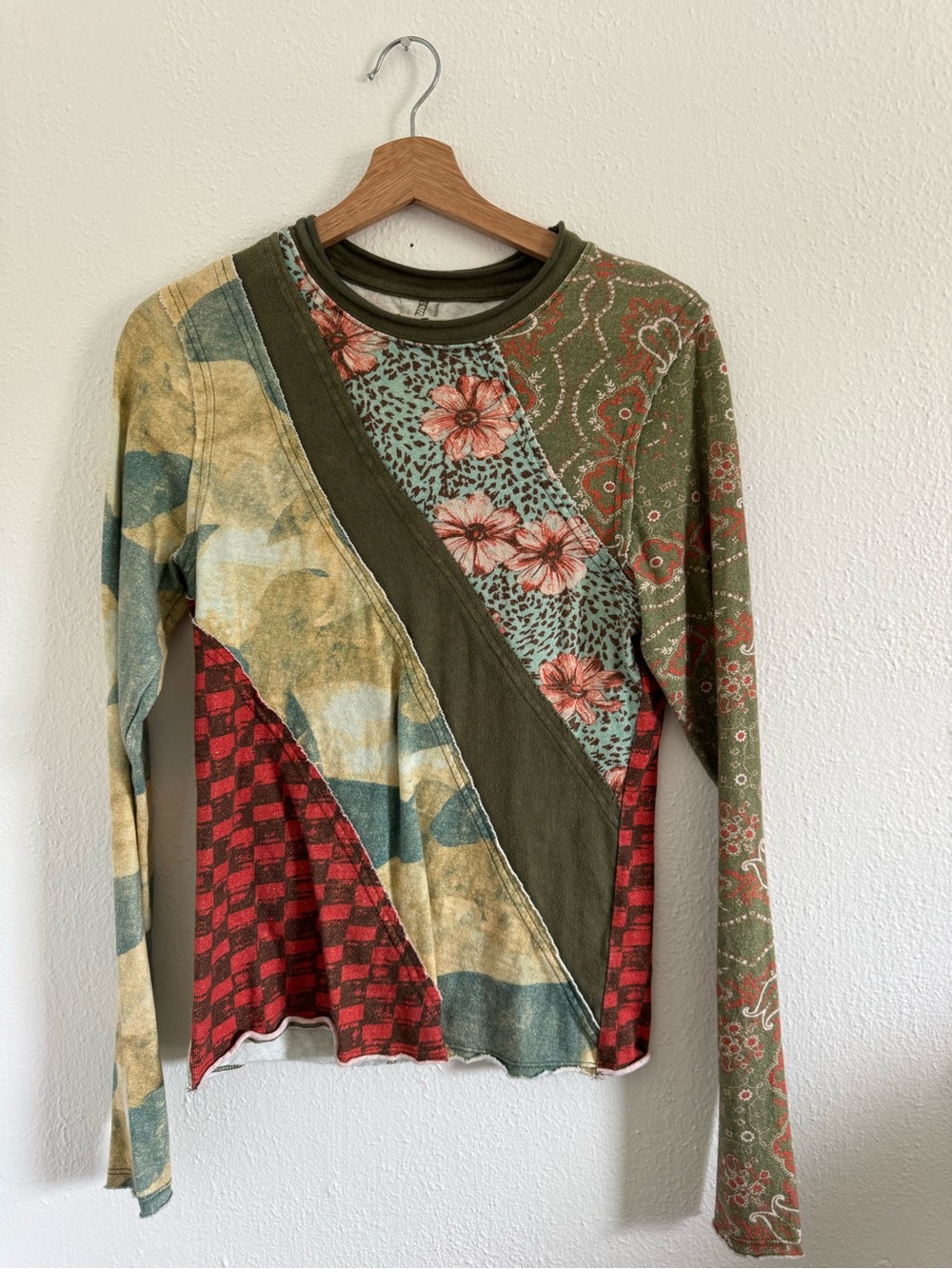 Free People Patchwork Floral Long-Sleeve Top in Olive and Red